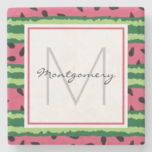 Cute Watermelon Pattern Pink & Green Monogram Stenen Onderzetter (Voorkant)