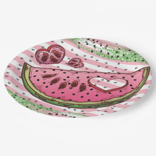 Cute Watermelon Pink Green Glitter Birthday Napkin Papieren Bordje