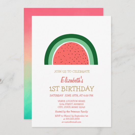 Cute Watermelon Rainbow Birthday Uitnodiging (Voorkant / Achterkant)