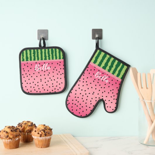 Cute Watermelon Rind en Zaden, gepersonaliseerd Ovenwant & Pannenlap Set (Insitu(Ophanging))