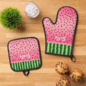 Cute Watermelon Rind en Zaden, gepersonaliseerd Ovenwant & Pannenlap Set (Top down)