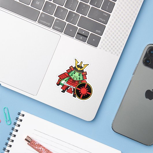 Cute Watermelon Shogun Samurai Warrior Illustratio Sticker (Laptop met iPhone)