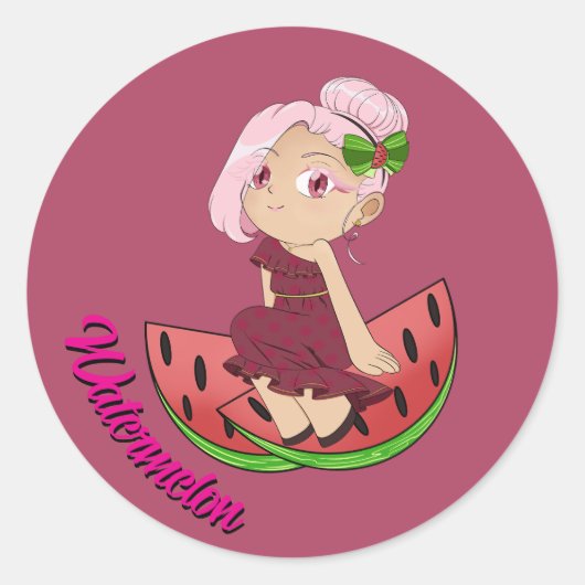 Cute Watermelon Theme Chibi with Sliced Melons Ronde Sticker (Voorkant)