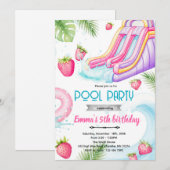 Cute waterslide strawberry pool invite kaart (Voorkant / Achterkant)