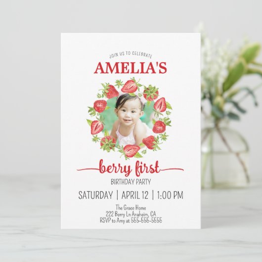 Cute Waterverf aardbery Berry eerste verjaardag in Kaart (Staand voorkant)