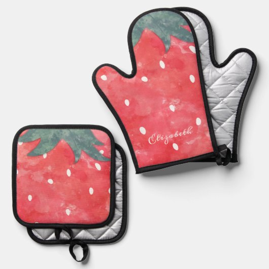 Cute Waterverf Aardbery Ovenwant & Pannenlap Set (Voorkant / Achterkant)