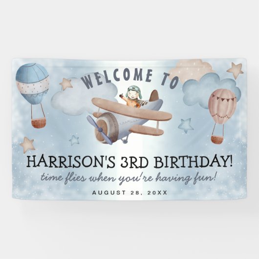 Cute Waterverf Airplane Boy Birthday Party Spandoek (Horizontaal)