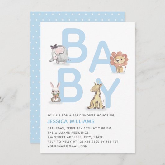 Cute Waterverf Animal Blue Boy Baby shower Kaart (Voorkant / Achterkant)