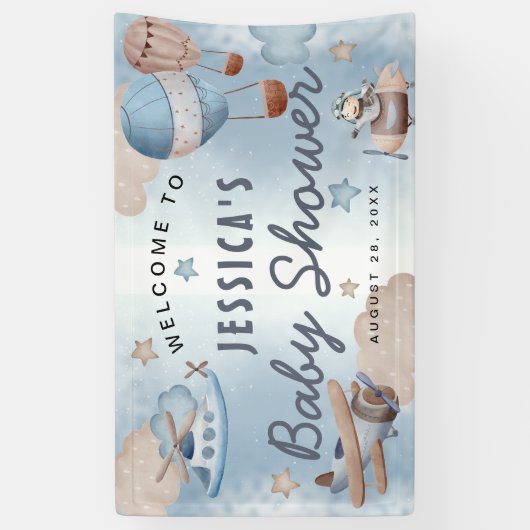 Cute Waterverf Aviation Blue Boy Baby shower Spandoek (Verticaal)