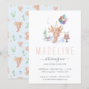 Cute Waterverf Axolotl Birthday Party Invitation Kaart