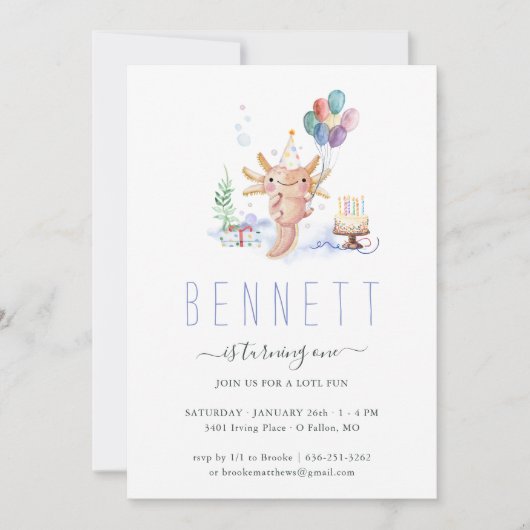 Cute Waterverf Axolotl Birthday Party Kaart (Voorkant)