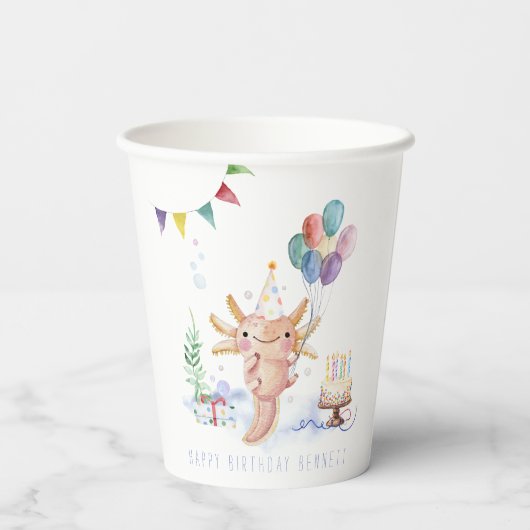 Cute Waterverf Axolotl Birthday Party Papieren Bekers (Achterkant)