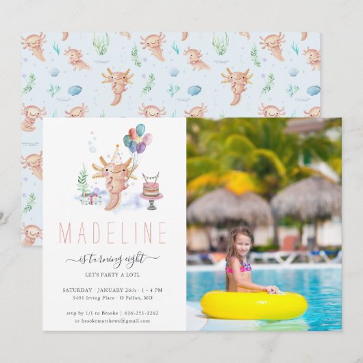 Cute Waterverf Axolotl Birthday Party Photo Invit Kaart (Voorkant / Achterkant)