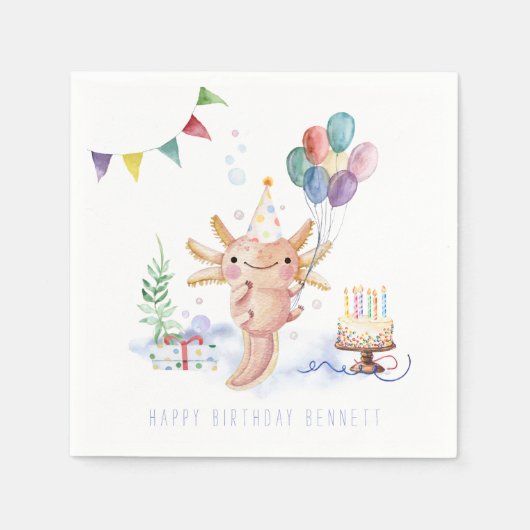 Cute Waterverf Axolotl Birthday Party Servet (Voorkant)