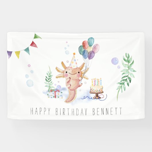 Cute Waterverf Axolotl Birthday Party Welkom Spandoek (Horizontaal)