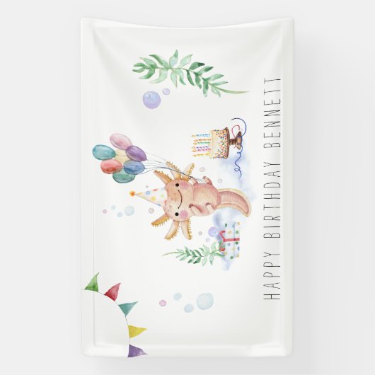 Cute Waterverf Axolotl Birthday Party Welkom Spandoek (Verticaal)
