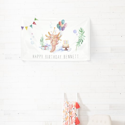 Cute Waterverf Axolotl Birthday Party Welkom Spandoek (Insitu)