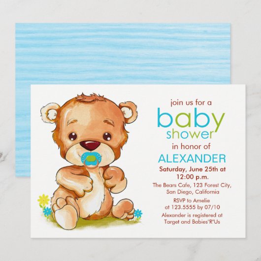 Cute Waterverf Baby Beer Boy Baby shower Kaart (Voorkant / Achterkant)
