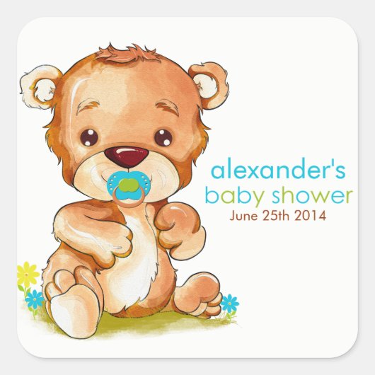 Cute Waterverf Baby Beer Boy Baby shower Vierkante Sticker (Voorkant)