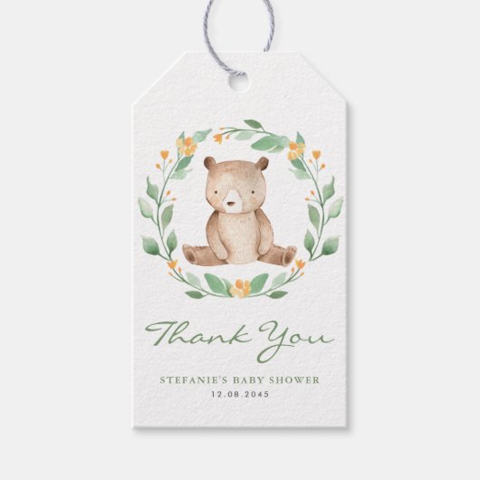 Cute Waterverf Baby Beer Greenery Wreath Birthday Cadeaulabel (Voorkant)