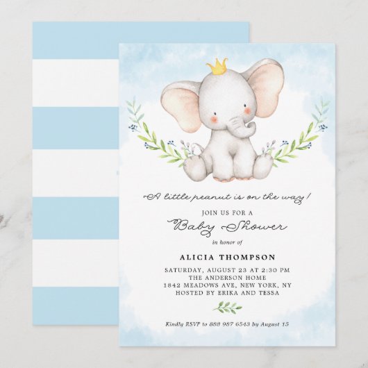 Cute Waterverf Baby Elephant Boy Baby shower Kaart (Voorkant / Achterkant)