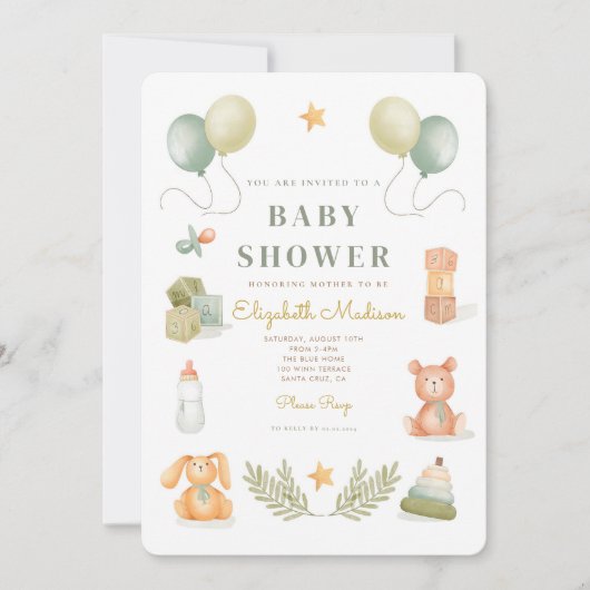 Cute Waterverf Baby Toys Baby shower Uitnodiging (Voorkant)