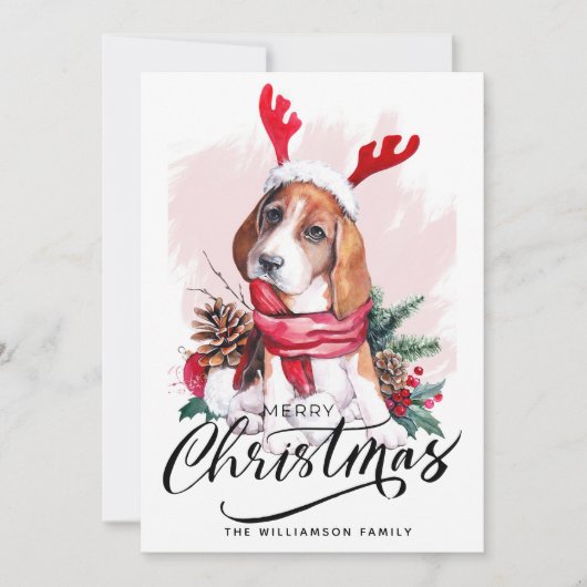 Cute Waterverf Beagle Dog-kerstkaart Feestdagenkaart (Voorkant)