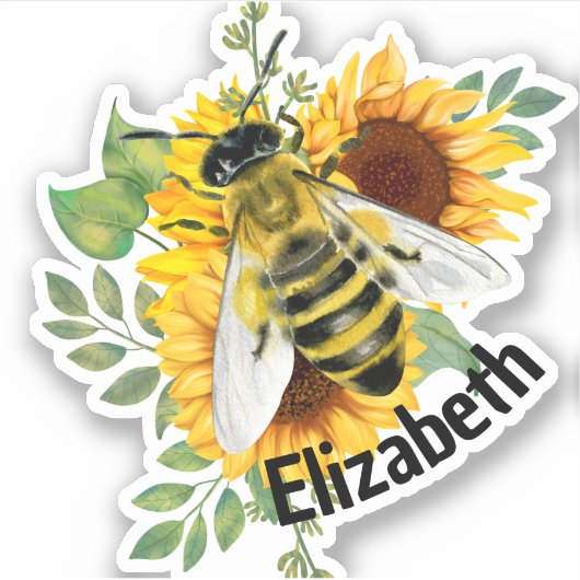 Cute Waterverf Bee Gele Zonnebloemen Aangepaste na Sticker (Voorkant)