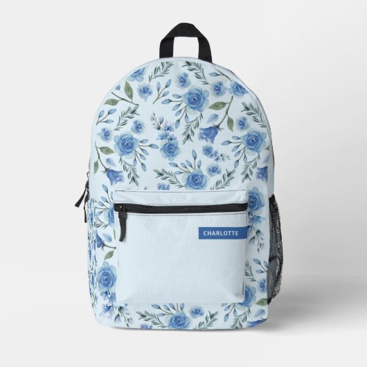 Cute Waterverf Blue Floral Pattern Bedrukte Rugzak (Voorkant)