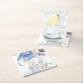 Cute Waterverf Blue Floral  Script Wedding Kartonnen Onderzetters (Insitu)