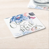 Cute Waterverf Blue Floral  Script Wedding Kartonnen Onderzetters (Schuin)