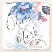 Cute Waterverf Blue Floral  Script Wedding Kartonnen Onderzetters (Voorkant)