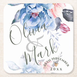 Cute Waterverf Blue Floral  Script Wedding Kartonnen Onderzetters