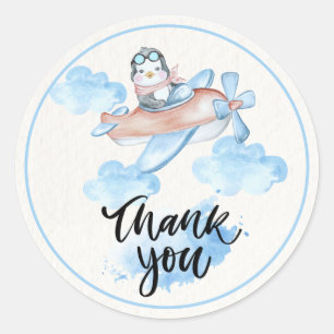 Cute Waterverf Blue White Penguin Pilot Hartelijk  Ronde Sticker