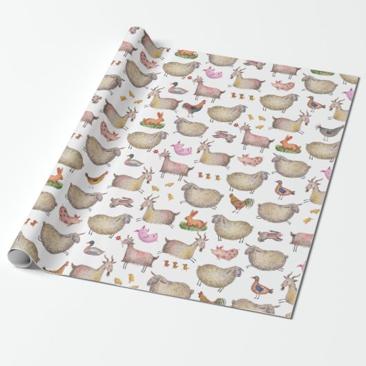 Cute Waterverf Boerderij Barn Animals Patroon Cadeaupapier (Uitgerold)