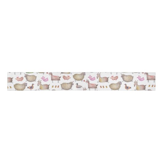 Cute Waterverf Boerderij Barn Animals Patroon Grosgrain Lint (Voorkant)