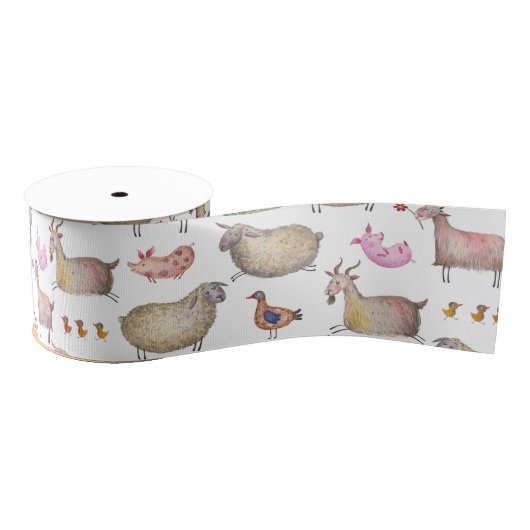 Cute Waterverf Boerderij Barn Animals Patroon Grosgrain Lint (Spoel)