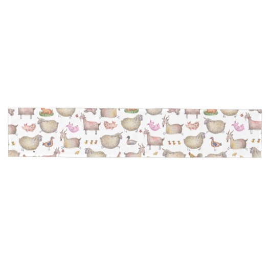 Cute Waterverf Boerderij Barn Animals Patroon Medium Tafelloper (Horizontaal)