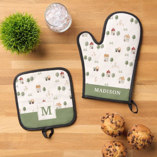 Cute Waterverf Boerderij Patroon Ovenwant & Pannenlap Set (Top down)