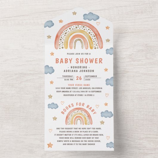 Cute Waterverf Boho Rainbow Baby shower All In One Uitnodiging (Binnen)