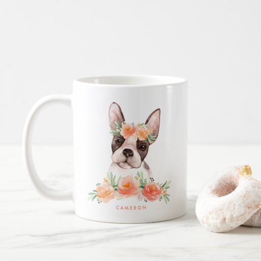 Cute Waterverf Boston Terrier Peach Floral Koffiemok (Met donut)