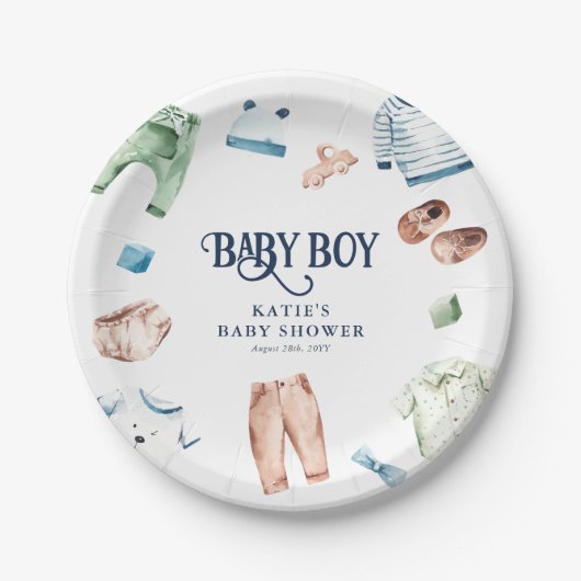 Cute Waterverf Boy Clothes BOY Baby shower Papieren Bordje (Voorkant)