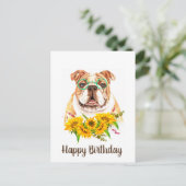 Cute Waterverf Bulldog & Sunflower Birthday Briefkaart (Staand voorkant)
