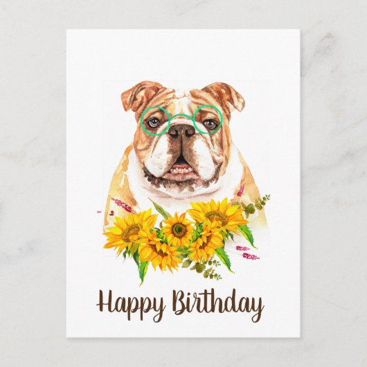 Cute Waterverf Bulldog & Sunflower Birthday Briefkaart (Voorkant)