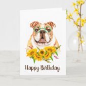 Cute Waterverf Bulldog & Sunflower Birthday Kaart (Gele Bloem)