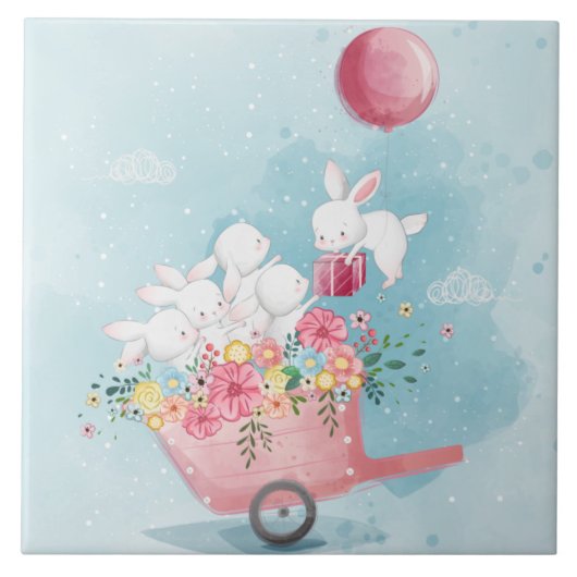 Cute Waterverf Bunnies keramische Tegel Tegeltje (Voorkant)