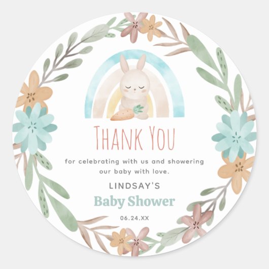 Cute Waterverf Bunny Baby shower Dank u Ronde Sticker (Voorkant)