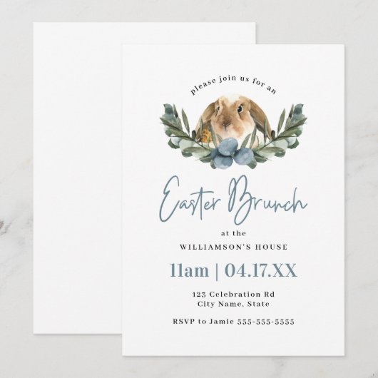 Cute Waterverf Bunny & Chic Easter Brunch Blue Kaart (Voorkant / Achterkant)