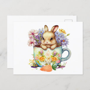 Cute Waterverf Bunny in Flower Tea Cup Briefkaart