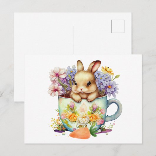 Cute Waterverf Bunny in Flower Tea Cup Briefkaart (Voorkant / Achterkant)
